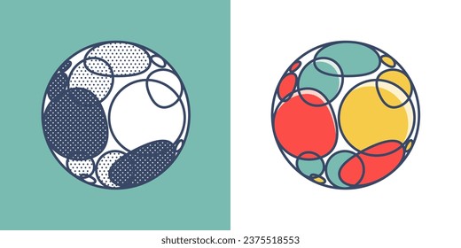 Sphere logo. Yin and yang overlapping emblem. Optical intersection sign. Retro 3D overlay icons with halftone polka dots and color shift. Vector impossible shape for vintage label, fintech startup.