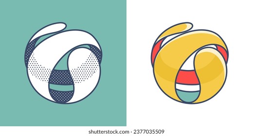 Sphere logo. Yin and yang overlapping emblem. Optical intersection sign. Retro 3D overlay icons with halftone polka dots and color shift. Vector impossible shape for vintage label, fintech startup.