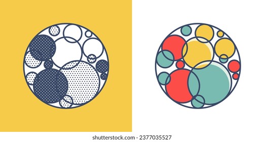 Sphere logo. Yin and yang overlapping emblem. Optical intersection sign. Retro 3D overlay icons with halftone polka dots and color shift. Vector impossible shape for vintage label, fintech startup.