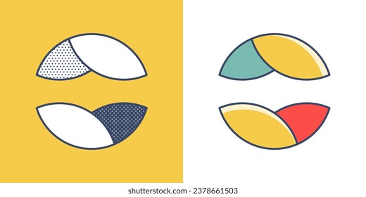 Sphere logo. Yin and yang overlapping emblem. Optical intersection sign. Retro 3D overlay icons with halftone polka dots and color shift. Vector impossible shape for vintage label, fintech startup.