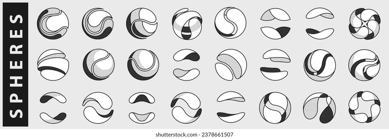 Sphere logos set. Yin and yang overlapping emblems. Optical intersection signs. Retro 3D overlay icons with halftone polka dots. Vector impossible shape for vintage label, fintech startup.