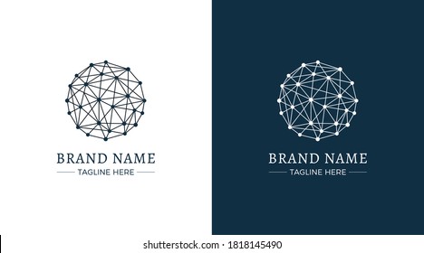 Esfera hecha de líneas y puntos con el logo sobre fondo blanco y azul.