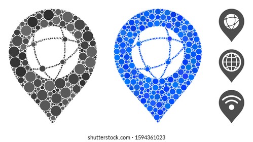 Sphere marker composition of circle elements in variable sizes and color tinges, based on sphere marker icon. Vector circle elements are grouped into blue composition.