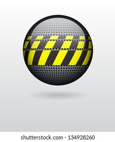 Sphere with metal circular grid and warning stripe. Metal background. EPS10 vector