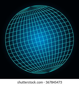 Sphere with modern neon glow. Vector illustration. Blue frame scope on black background. Obliquely to central axis. Futuristic abstract image of space planet.