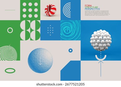 Sphere. Molecule. Connected dots. 3d grid surface. Striped object. Optical illusion. Tunnel. Abstract geometrical pattern. Illustration for brochure, magazine, poster, presentation, flyer or banner. 
