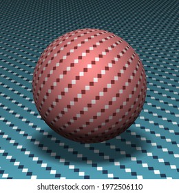 Sphere moves above the surface. Abstract objects with moving red and blue texture. Vector optical illusion illustration.