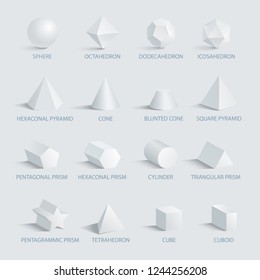 Sphere and octahedron, different geometric shapes with shades and headlines placed below images, icons on vector illustration isolated on white
