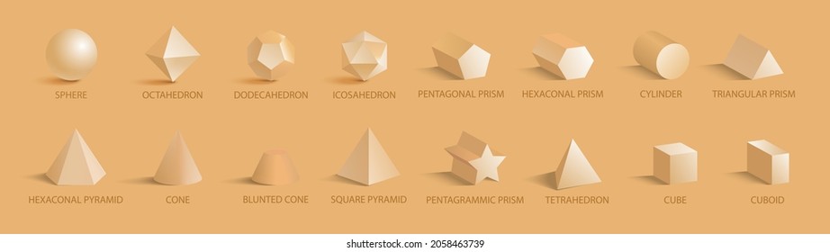 Sphere and octahedron, different geometric shapes with shades and headlines placed below images, icons on vector illustration isolated on white