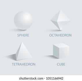 Sphere octahedron tetrahedron and cube three dimensional 3D geometric shapes with shadow isolated on white, sphere and cube, tetrahedron octahedron