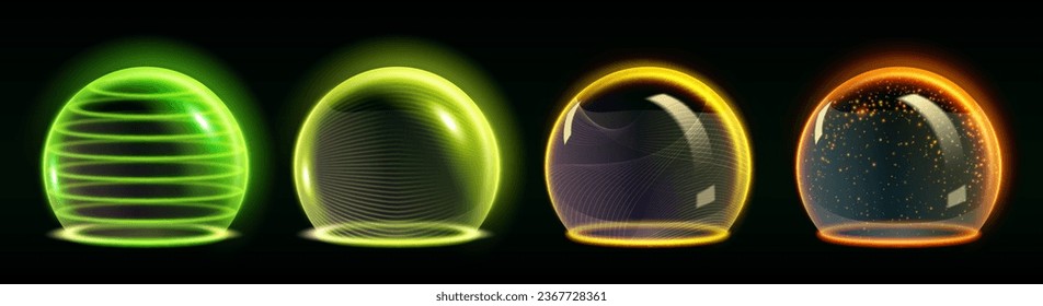 Sphere protect shield with glow textured surface - realistic 3d vector of neon defensive half ball with transparency effect. Luminous glass globe cover with force field or power energy barrier.