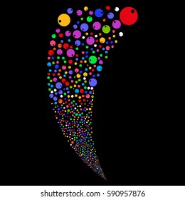 Sphere random fireworks stream. Vector illustration style is flat bright multicolored iconic symbols on a black background. Object fountain done from scattered symbols.