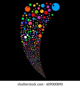 Sphere random fireworks stream. Vector illustration style is flat bright multicolored iconic symbols on a black background. Object fountain combined from scattered pictographs.