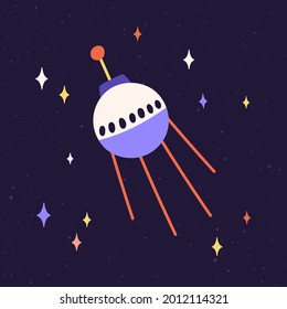 Esfera del satélite con antenas que vuelan en el espacio ultraterrestre. Sputnik, equipo cósmico, vuela en cosmos. Objeto astronómico artificial en el cielo entre las estrellas. Ilustración portadora plana infantil