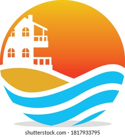 Sphere with Seaside illustration in it,useable for icon or logo for travelling or holiday company
