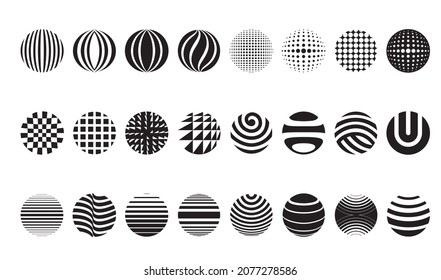 Sphere Set. Halftone black circle. Isolated on White Background. Stylish emblems. Vector Round Shapes with Dots, Stripes, Triangles, Hexagons for web designs. Collection of Simple Signs.
