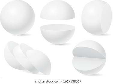 Sphere set. Whole and cut in pieces. White templates. Vector 3d illustration isolated on white background