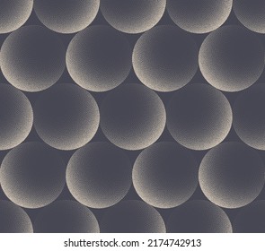 Sphere Shapes In Different Positions Seamless Pattern Vector Abstract Background. Spherical Form Scale Structure Repetitive Monochrome Wallpaper. Halftone Graphic 3D Balls Dotted Art Illustration