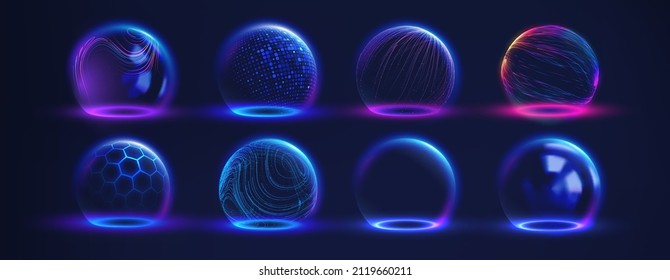 Sphere shield abstract energy protection spheres. Force field defence globe shell. Dome barrier technology vector set. - Shutterstock ID 2119660211