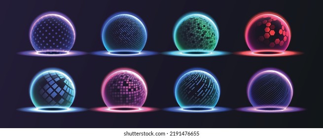 Sphere shield energy set. Protection of information on Internet. Modern technologies and digital world. Antivirus and personal data security. Realistic vector illustrations isolated on dark