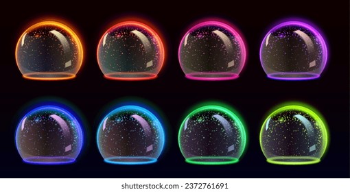 Sphere shield with glow textured surface for covering and protection - realistic 3d vector of shining defensive globe with transparency effect. Neon glass half ball with force field or energy barrier.