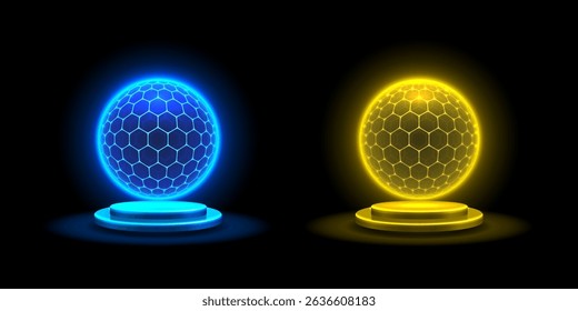 Sphere shield with hexagon, cyber protect ball, set color. Vector illustration