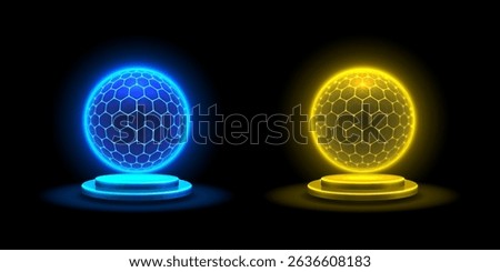 Sphere shield with hexagon, cyber protect ball, set color. Vector illustration
