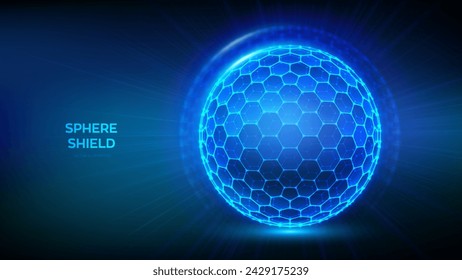 Sphere shield with hexagon pattern on blue background. Abstract protection sphere shield. Glowing bubble shield in the form of a force energy field. Protection and safety concept. Vector illustration.