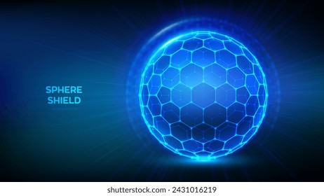 Sphere shield with hexagon pattern on blue background. Abstract protection sphere shield. Glowing bubble shield in the form of a force energy field. Protection and safety concept. Vector illustration.