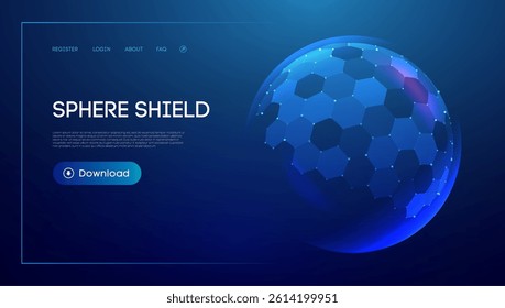 Sphere Shield Hexagon Protect 3D Background Technology Dome Ball Tech. Blue Abstract Glass Honeycomb Pattern with Energy Barrier, Cyber Field Vector, Transparent UV Layer, AI Immune Guard Effect