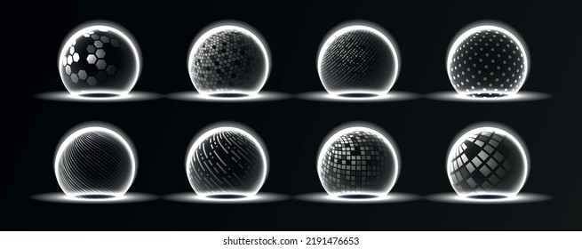 Sphere shield monochrome set. Collection of antiviruses, protection of personal data on Internet. Modern technologies and digital world. Realistic vector illustrations isolated on black background