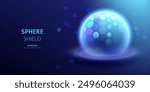 Sphere shield on blue background. Ai globe protect transparent ball. Dome barrier technology vector. Cyber, uv, virus protection hexagon shield futuristic design.