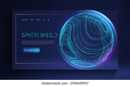 Sphere shield protect in abstract style. Virus protection bubble. Blue abstract antiviral futuristic technology background. 3d blue energy ball barrier illustration.