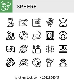 sphere simple icons set. Contains such icons as Soap, Footballer, Map, Volleyball, Venus, Bowling, Ozone, Fortunetelling, Soccer ball, Earth grid, can be used for web, mobile and logo