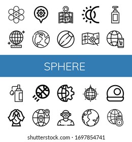 conjunto de iconos simples de esfera. Contiene iconos como Atom, bola de espejo, Mapa, Tierra, Balón playa, Eclipse, Jabón, Global, Balón de cristal, Baloncesto, puede ser usado para web, móvil y logo