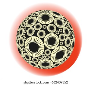 sphere with spiky stars flowers pattern with glow in black and red