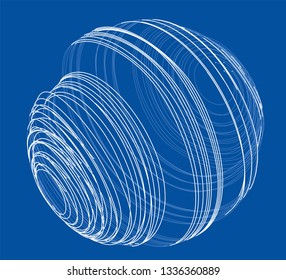 Sphere of spirals outline. Vector rendering of 3d. Wire-frame style. The layers of visible and invisible lines are separated