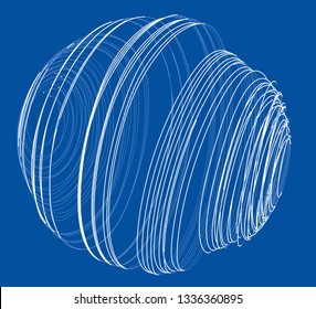 Sphere of spirals outline. Vector rendering of 3d. Wire-frame style. The layers of visible and invisible lines are separated