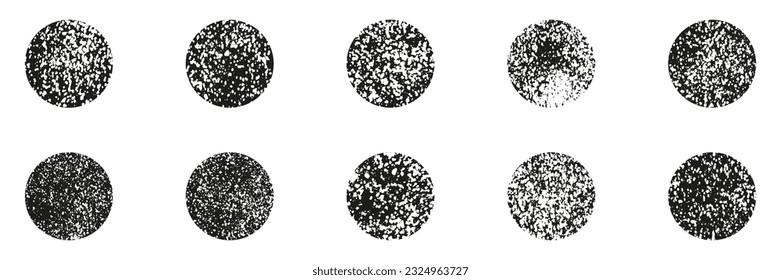 Sphere Spray Collection. Grunge Effect, Grainy Dotted Texture. Grain Noise Round Set. Abstract Circle Design Element. Isolated Vector Illustration.