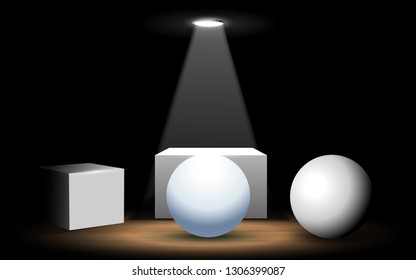 Sphere with square box in the dark room