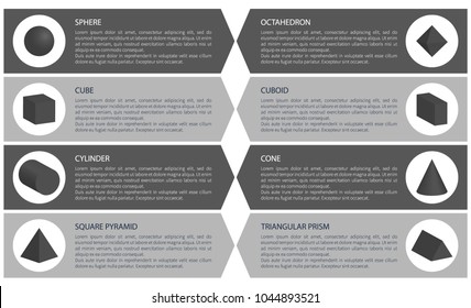 Sphere and square pyramid, shapes and text sample, cube and cuboid, triangular prism, cylinder and geometrical shapes isolated on vector illustration