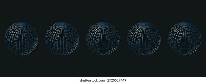 La esfera está estilizada como un globo con una cuadrícula de coordenadas (paralelos y meridianos) hecha de delgadas líneas azules sobre un fondo azul oscuro y negro.