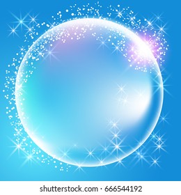 Sphere surrounded by sparkling fireworks and glowing stars