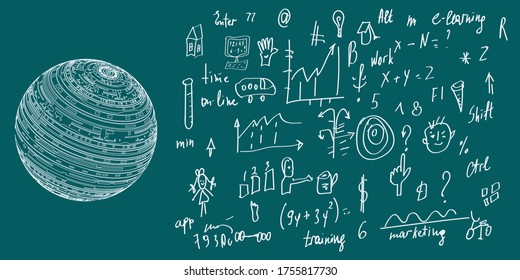 Esfera con símbolos tecnológicos - garabato tiza - vector. Cartel. De vuelta a la escuela.