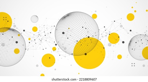 Sphere  theme with connected lines in technology style background. Wireframe illustration. Abstract 3d grid design.