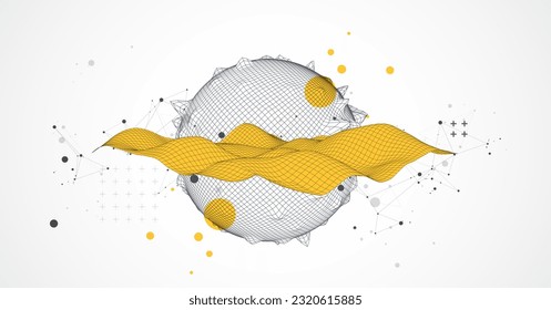 Sphere  theme with connected lines in technology style background. Wireframe illustration. Abstract 3d grid design.