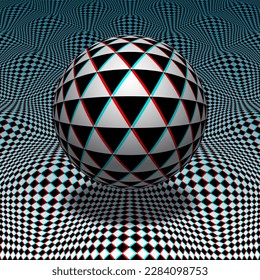 La esfera de los triángulos flota sobre una superficie de hileras a cuadros. Ilustración psicodélica de arte óptico vectorial en estilo anaglyph cyan rojo.