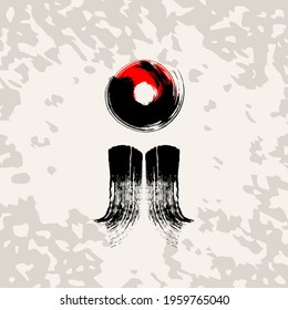 Sphere and two curvy brush strokes design elements, hand-drawn with ink in traditional Japanese style. Red circle - symbol of Japan, decorative stamp. Vector illustration.