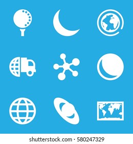 sphere vector icons. Set of 9 sphere filled icons such as crescent, golf ball, globe, atom, planet, world map, sphere