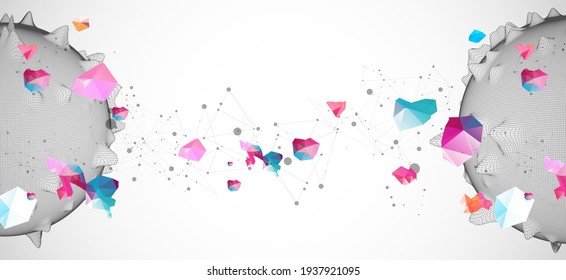 Sphere or virus theme with connected lines in technology style. Wireframe illustration. Abstract 3d grid design. 